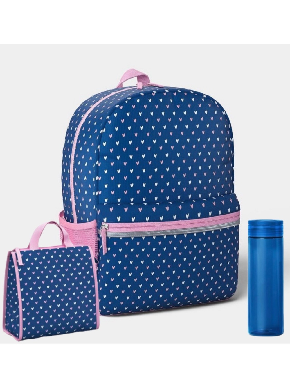 Heart Print White Navy & Pink Backpack Matching Sets Water Bottle Lunch Bag